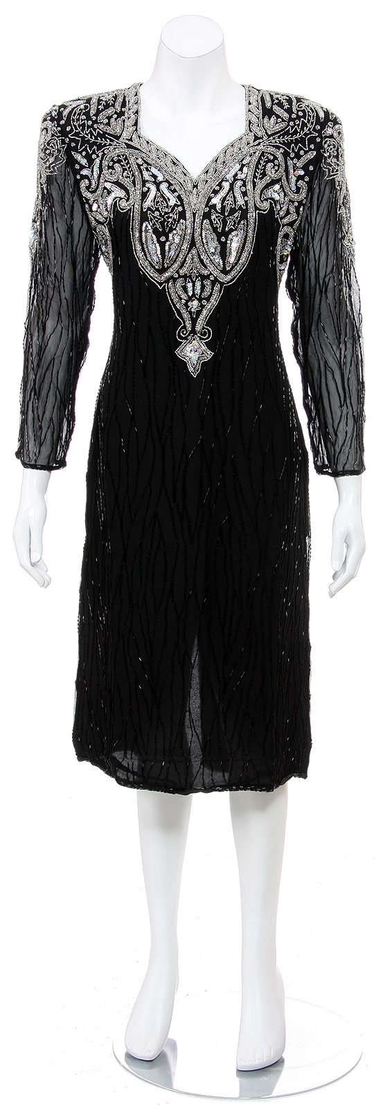 Tea Length Sequined Formal Dress with Sheer Sleees