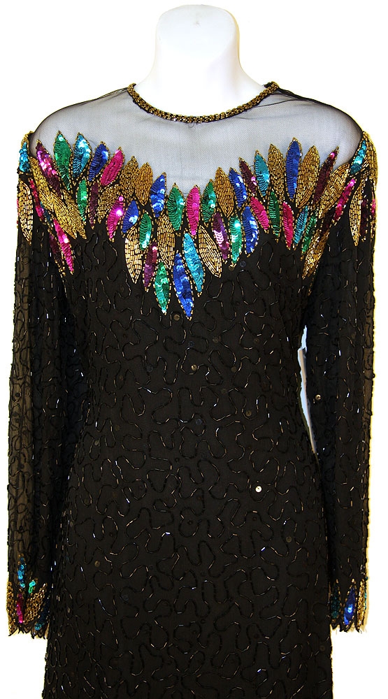 See Thru Bodice and Long Sleeved Beaded Short Dress — in Closeup