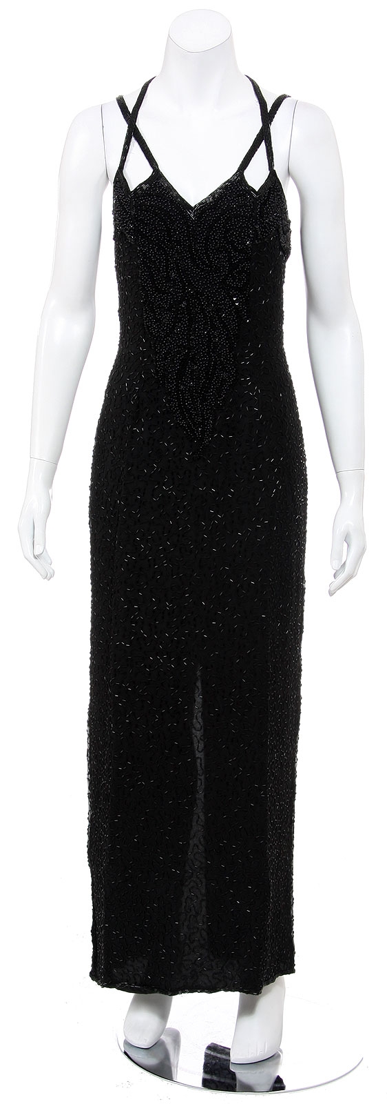 V-neck Beaded Formal Dress with Double Spaghetti Straps