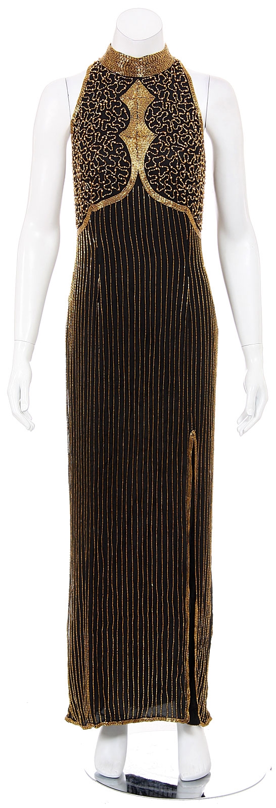 Turtle Neck Golden Spear Beaded Formal Gown