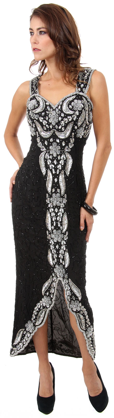 Broad Straps Tea Length Sequined Cocktail Dress 