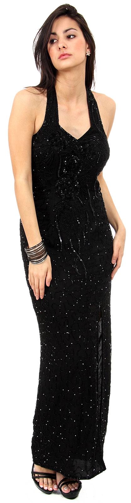 Sequin Beaded Halter Neck Formal Gown with Front Slit — in alternative image