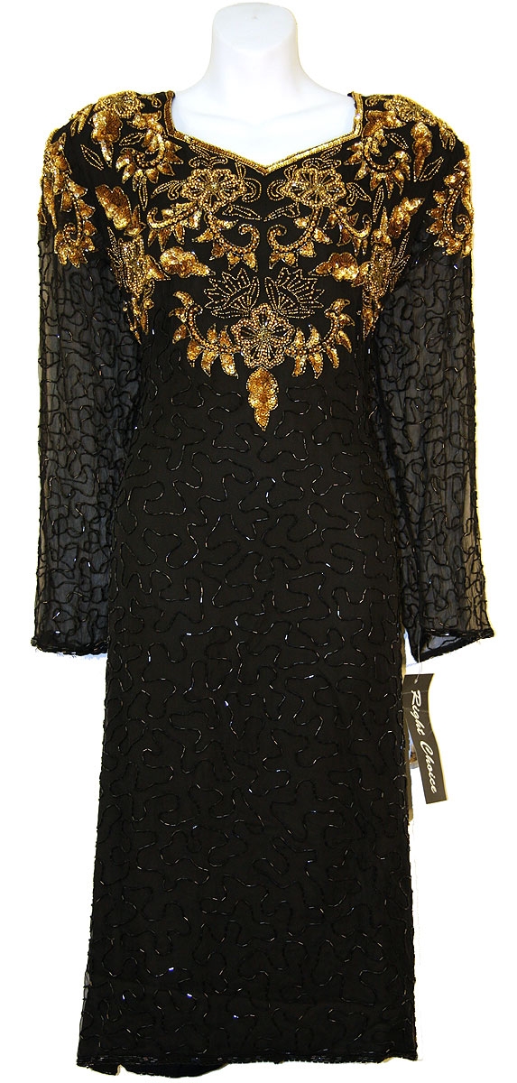 Tea Length Full Sleeve Sequin Formal Dress w/ Unique Design