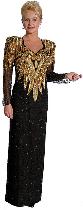 Full Sleeves Sequined Formal Gown with Keyhole Back — in Black/Gold