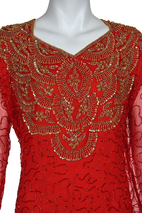Sequin Beaded Floral Print Tea Length Dress — in closeup