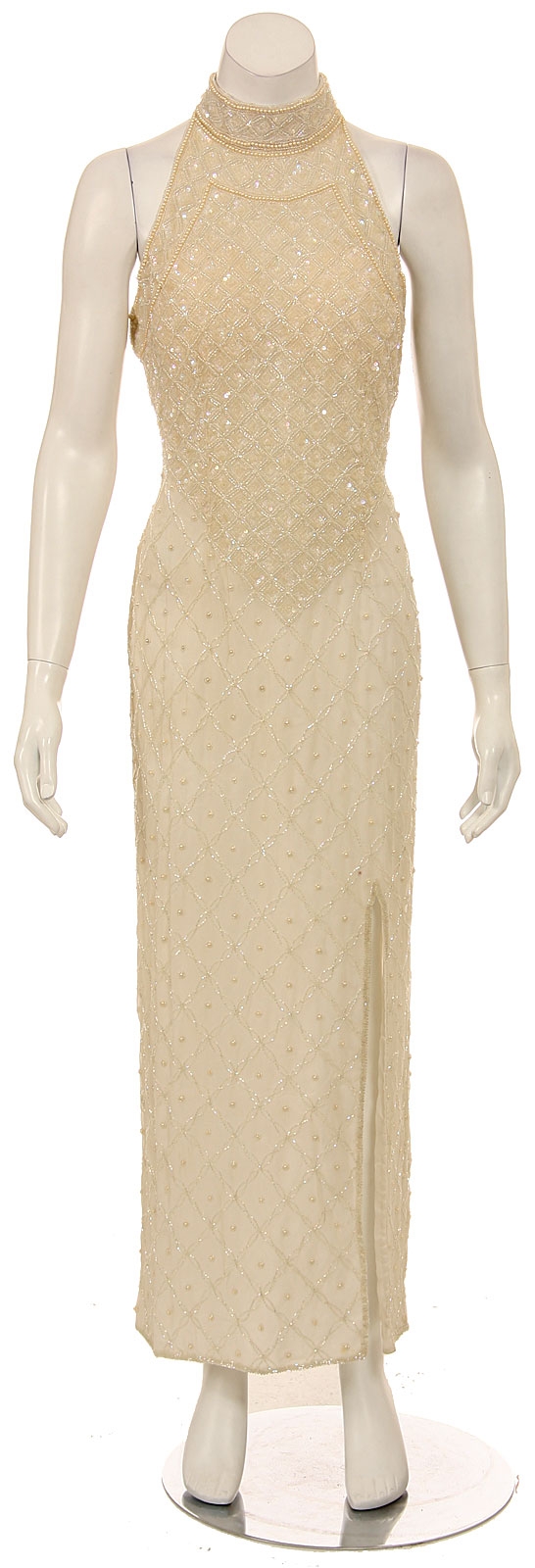 Turtle Neck Beaded Bodice Sequined Formal Dress — in Ivory