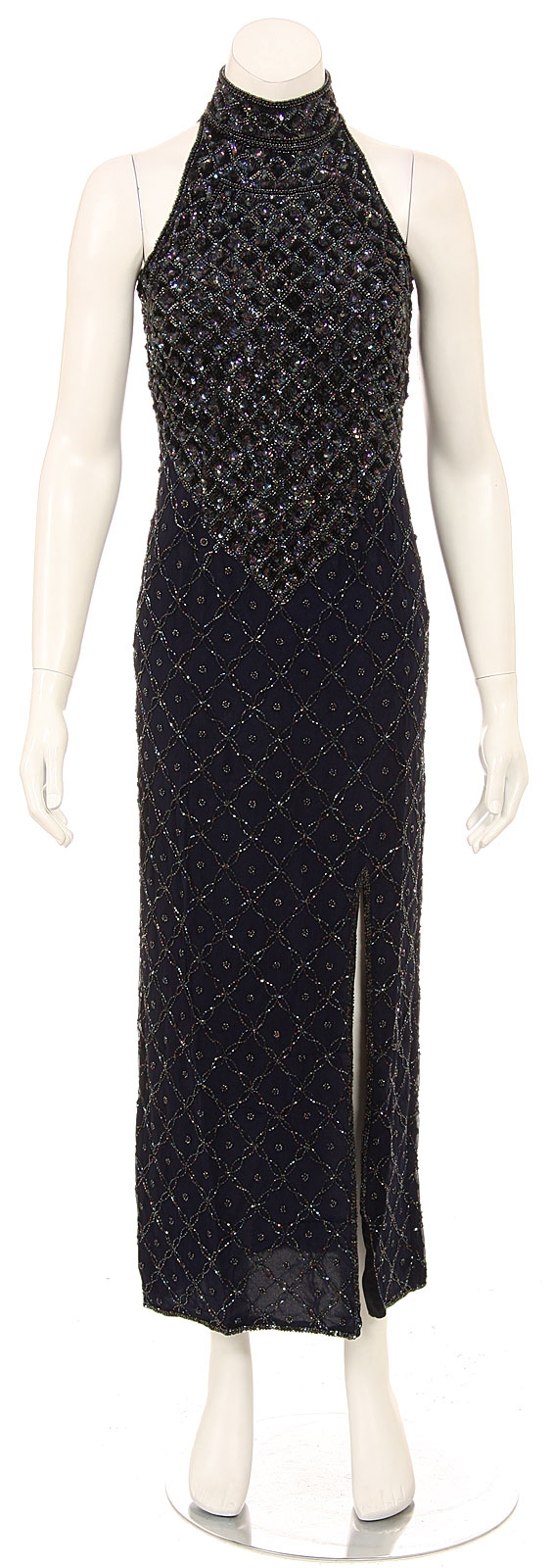 Turtle Neck Beaded Bodice Sequined Formal Dress