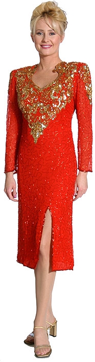 Full Sleeves Medium Length Sequined Cocktail Dress — in Red/Gold