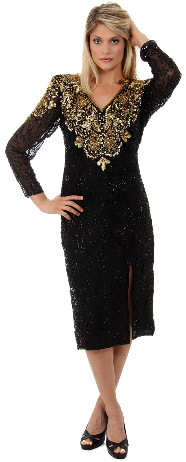 Full Sleeves Tea Length Silk Sequined Formal Dress with Slit