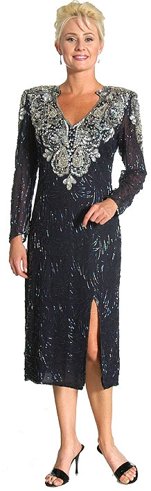 Full Sleeves Tea Length Silk Sequined Formal Dress with Slit — in Navy/Silver