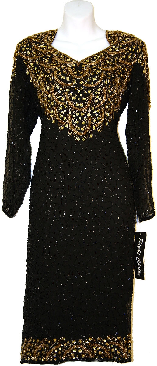 Tea Length Full Sleeves Sequined Formal Dress