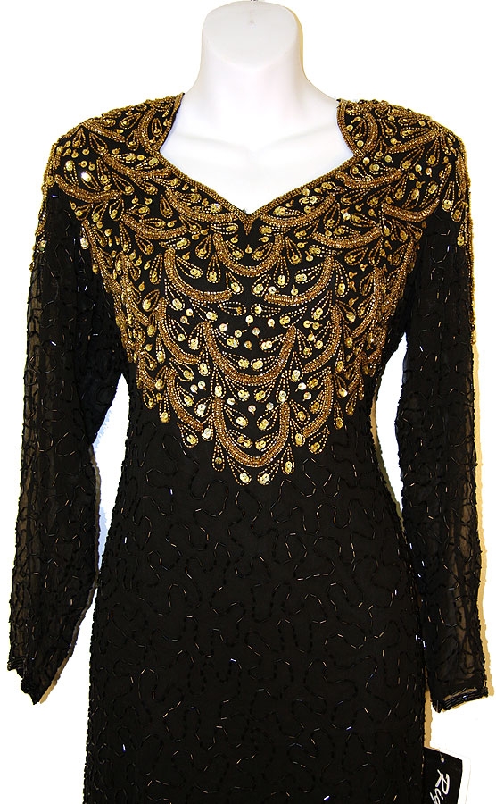 Tea Length Full Sleeves Sequined Formal Dress — in close up