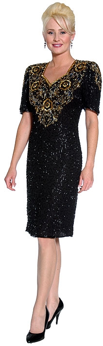 Short Sleeved Handbeaded Short Evening Dress — in Black/Gold