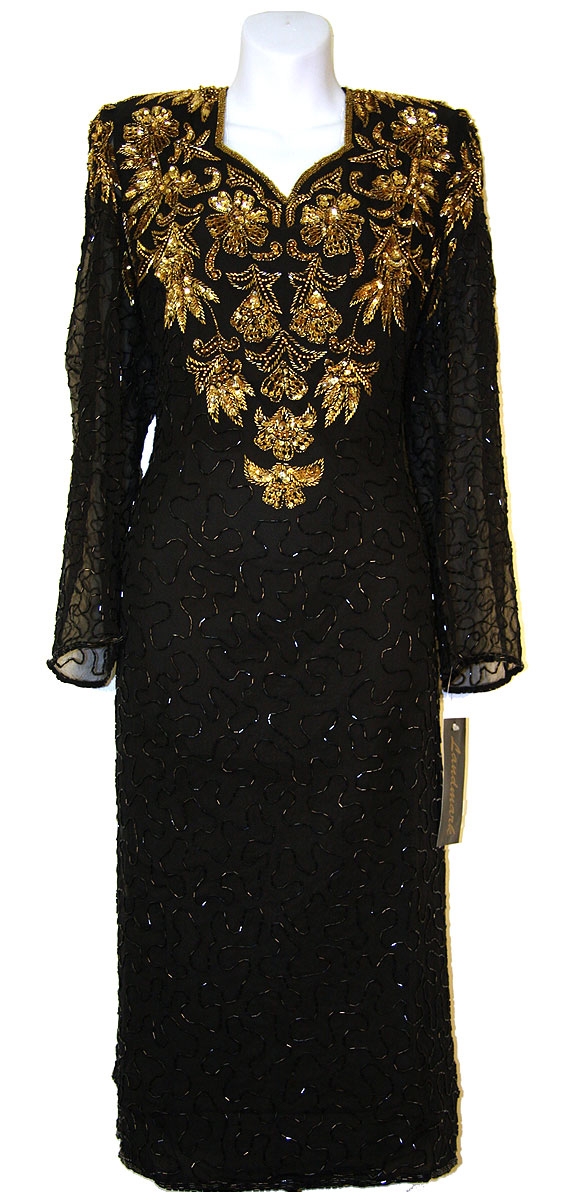 Full Sleeves Below Knee Length Sequined Formal Dress