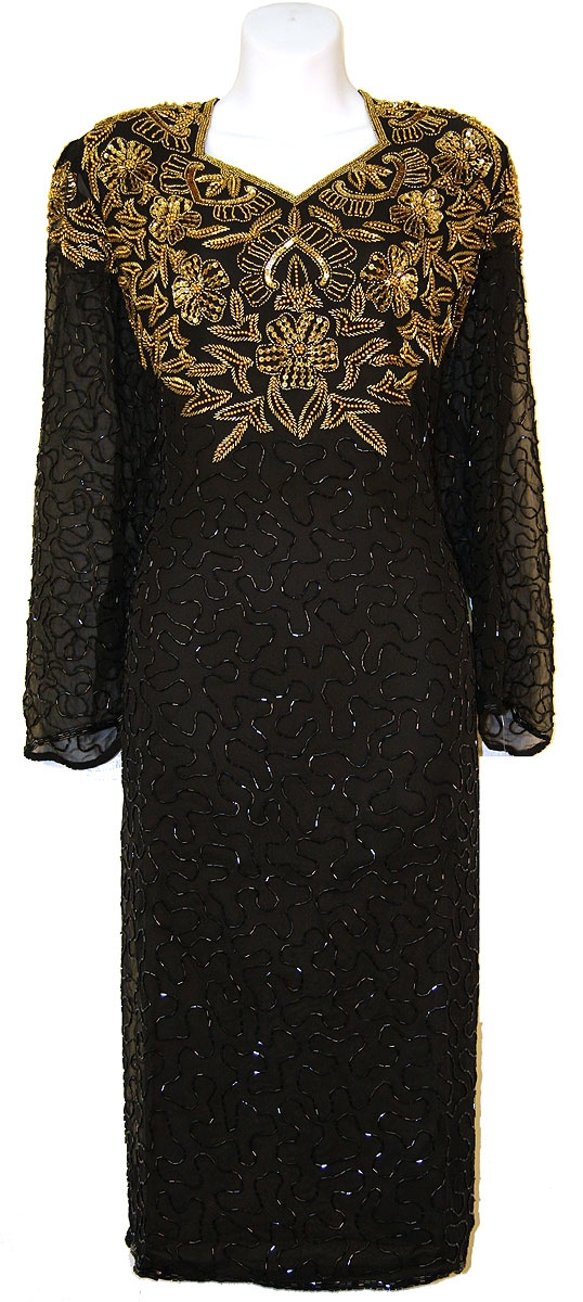 Full Sleeves Below Knee Length Sequined Formal Dress