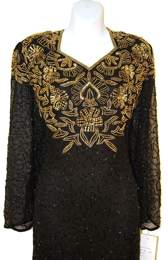 Full Sleeves Below Knee Length Sequined Formal Dress — in close up