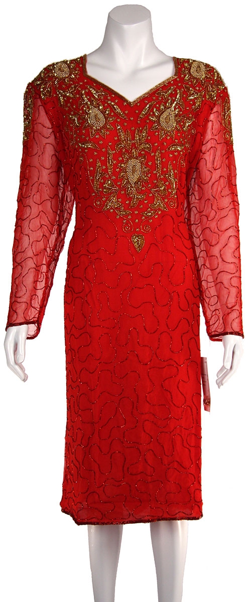 Knee Length Beaded Cocktail Dress with Full Sleeves