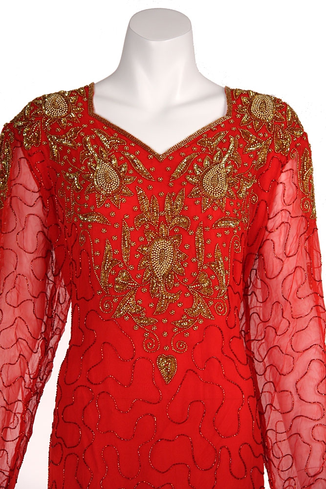Knee Length Beaded Cocktail Dress with Full Sleeves — in closeup