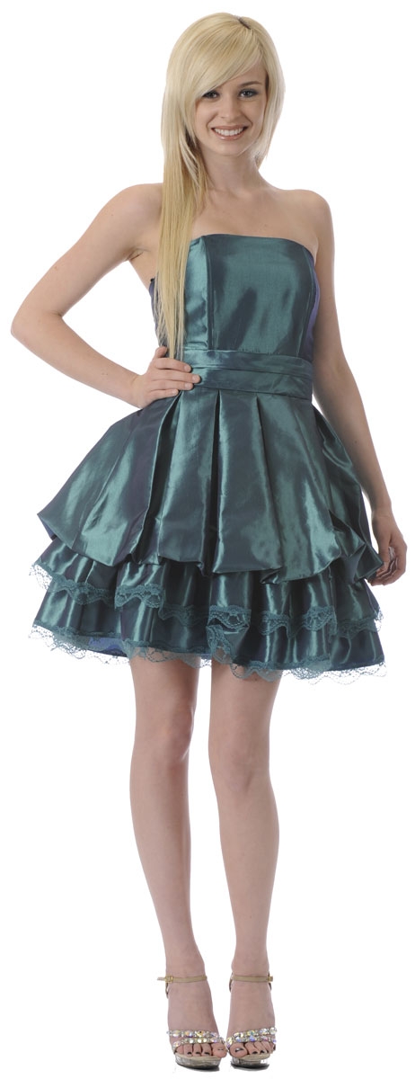 Strapless Baby Doll Party Dress with Cascading Ruffled Skirt