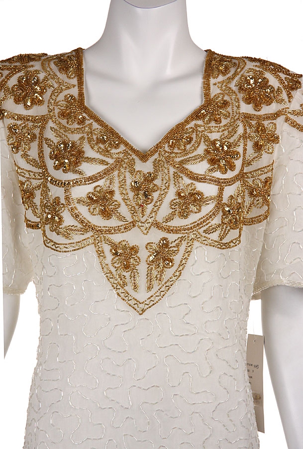 V-neck Floral Beaded Pattern Short Dress — in closeup