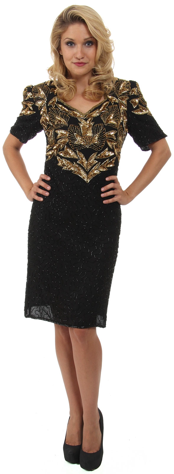 V-neck Half Sleeves Sequined Formal Dress