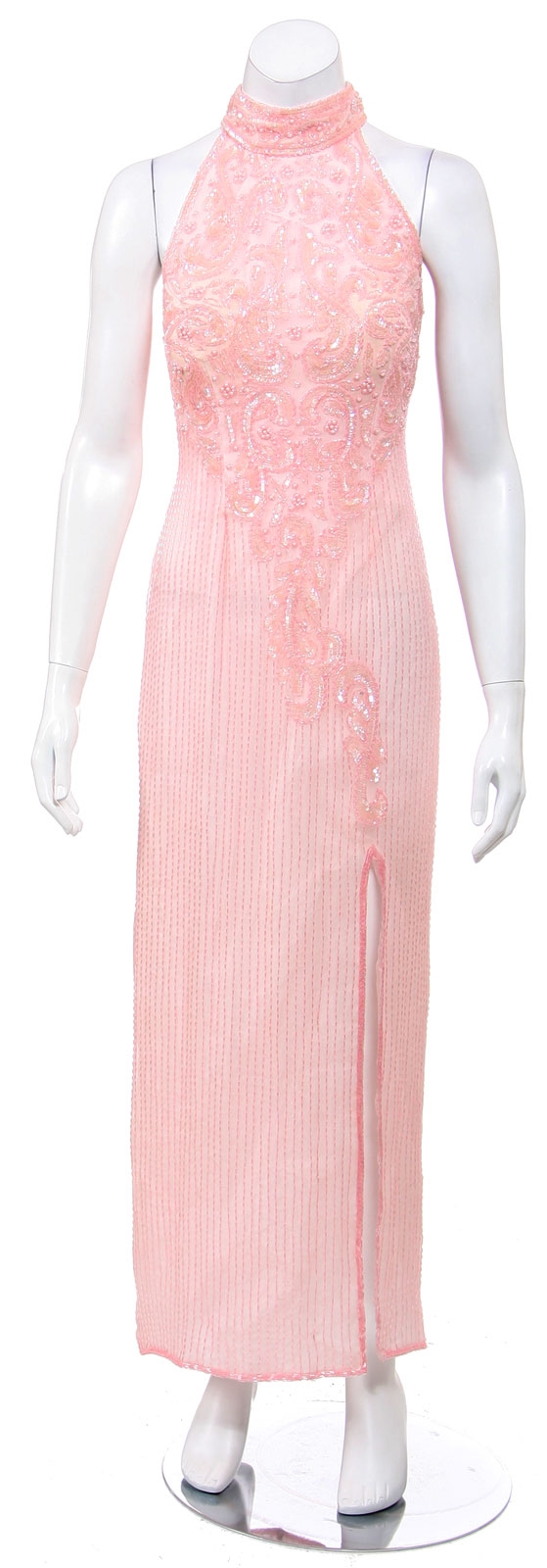 Turtle Neck Long Beaded Formal Dress with Slit 