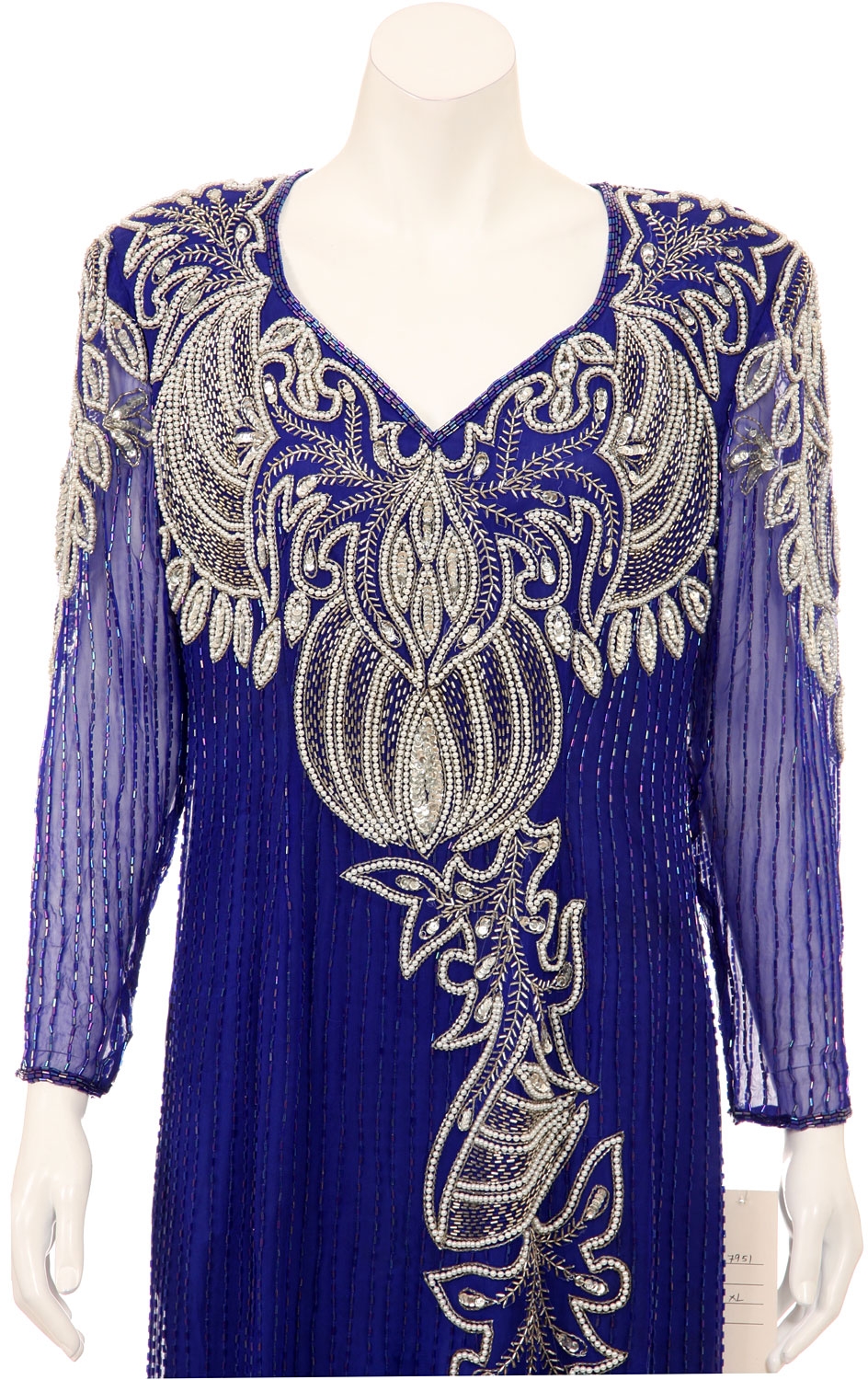 Long Sleeves Fully Beaded Evening Gown with Keyhole Back  — in closeup
