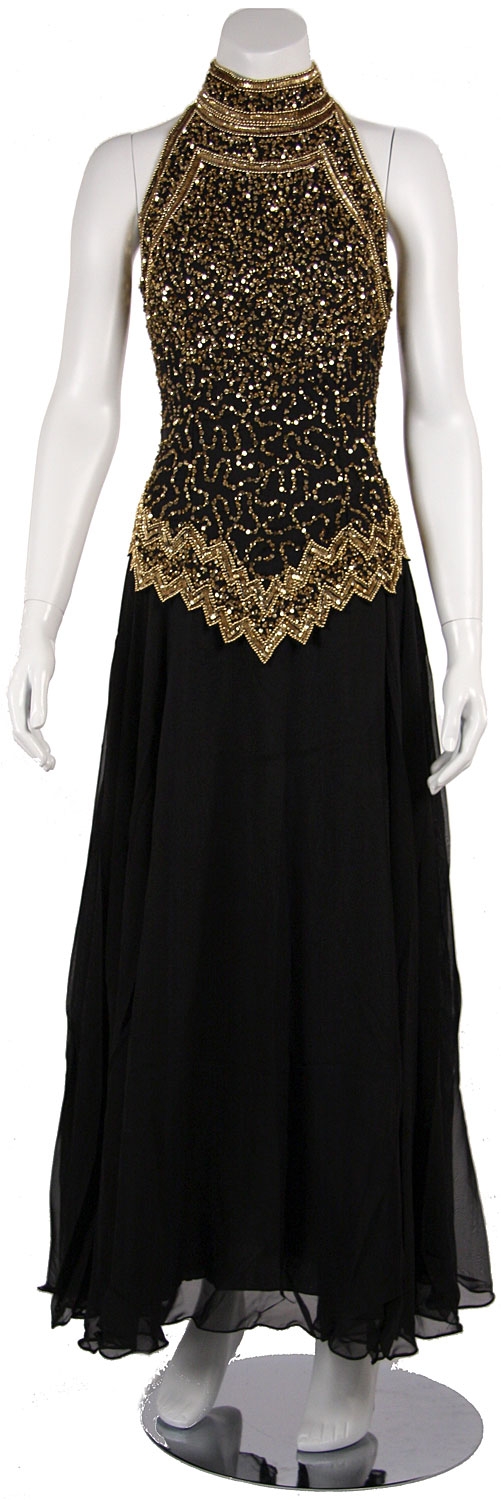 A-Line Halter Neck Beaded Dress. — in Black/Gold