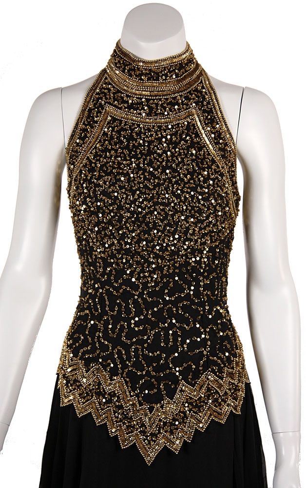 A-Line Halter Neck Beaded Dress. — in Back/Gold closeup