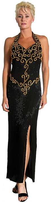Halter Neck Beaded Long Formal Cocktail Dress with Slit — in Black/Gold