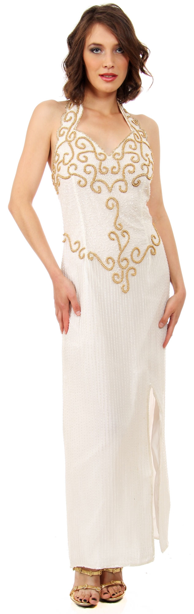 Halter Neck Beaded Long Formal Cocktail Dress with Slit — in alternative picture