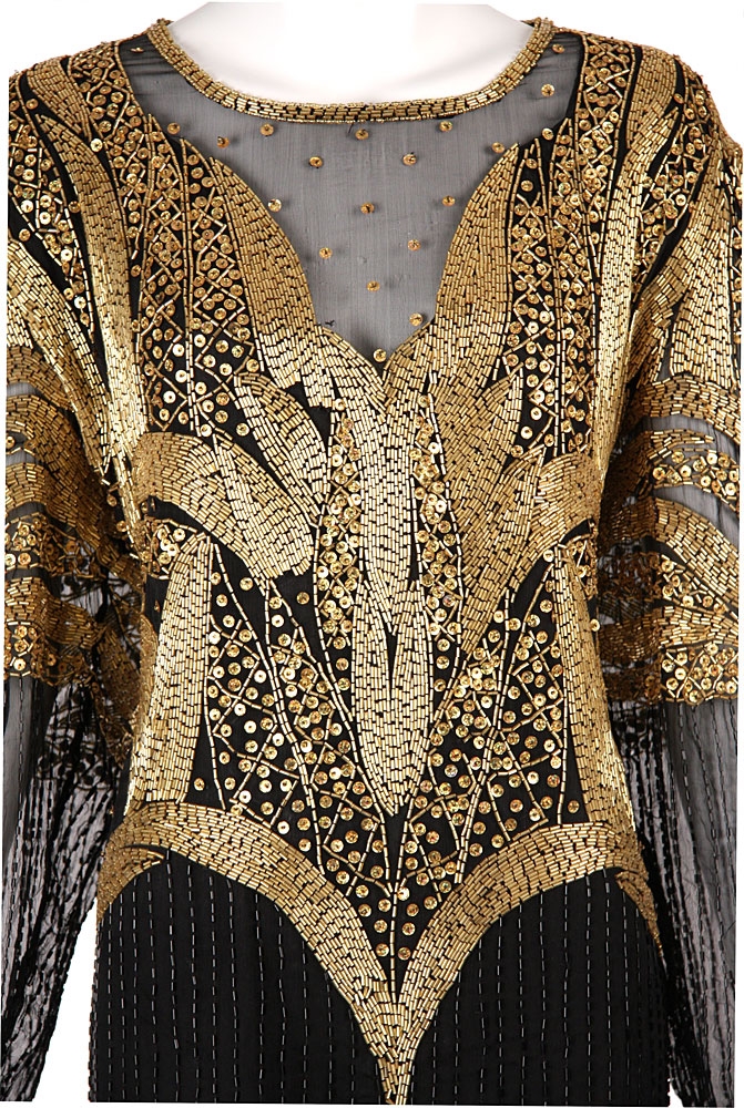 Fully Beaded Long Sleeved Formal Evening Dress — in closeup