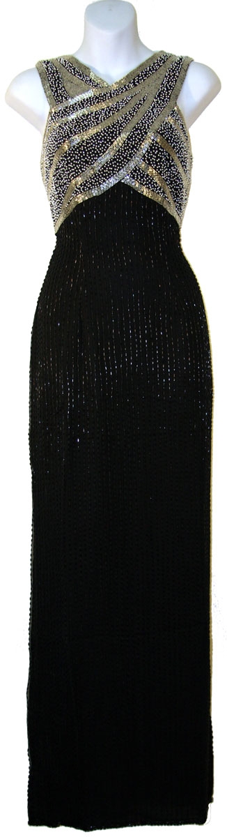 Sleeveless Long Formal Dress with Wrap Style Beaded Bodice — in Black/Silver