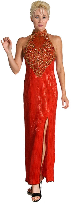 Closed Neck Full Length Beaded Formal Gown — in Red/Gold