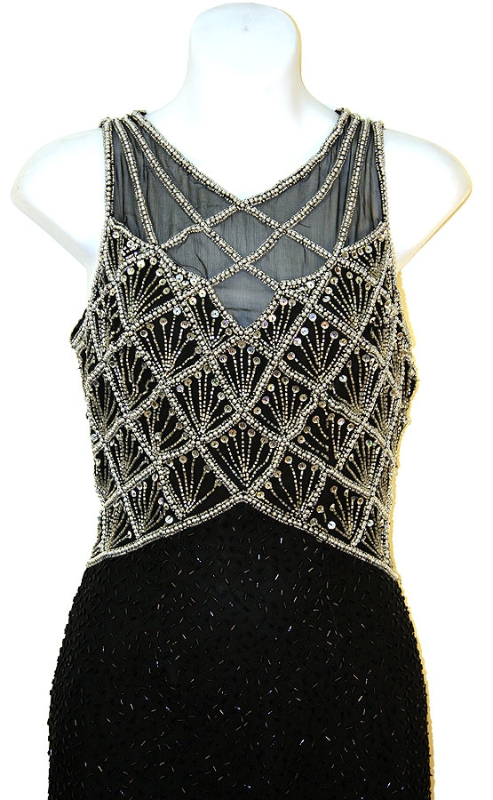 Sleeveless Formal Cocktail Dress with Silver Bodice Design — in close up