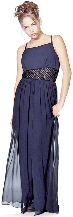 Long Formal Dress with Crossed Back & Beaded Belt  — in Black Nite