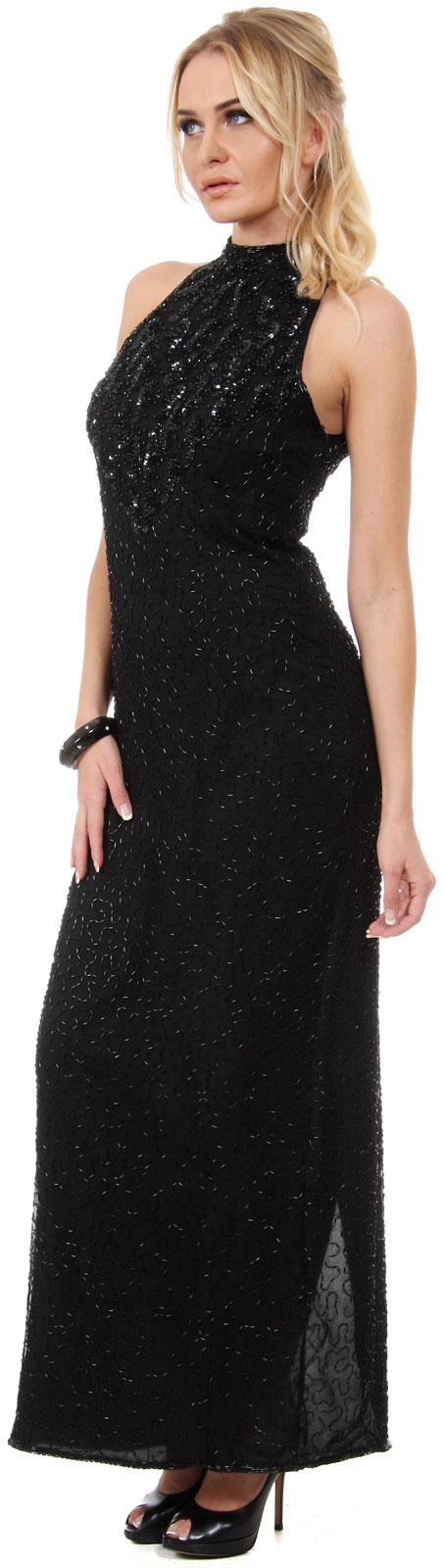 Turtle Neck Sequins Bodice Long Beaded Formal Dress