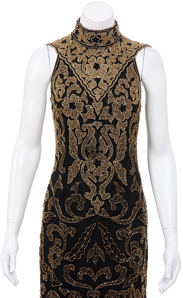 Rich Floral Design Hand Beaded Cocktail Dress — in closeup