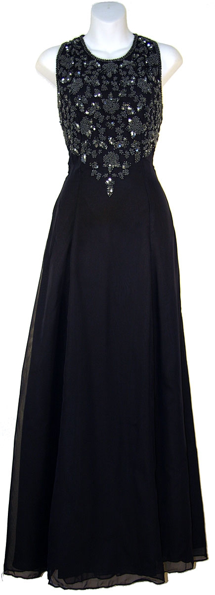 A-line Full Length Formal Dress with Beaded Bodice — in Navy