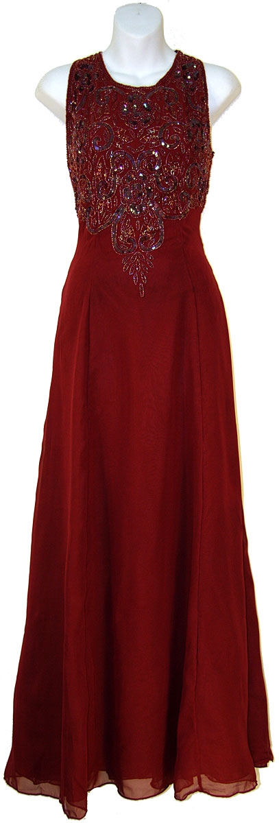 A-line Silk Chiffon Formal Dress with Beaded Bodice  — in Burgundy