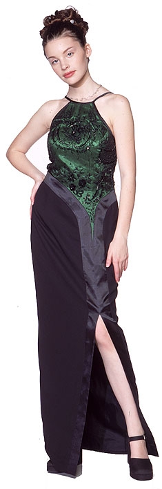 Satin Beaded Long  Formal Dress — in Black/Green color