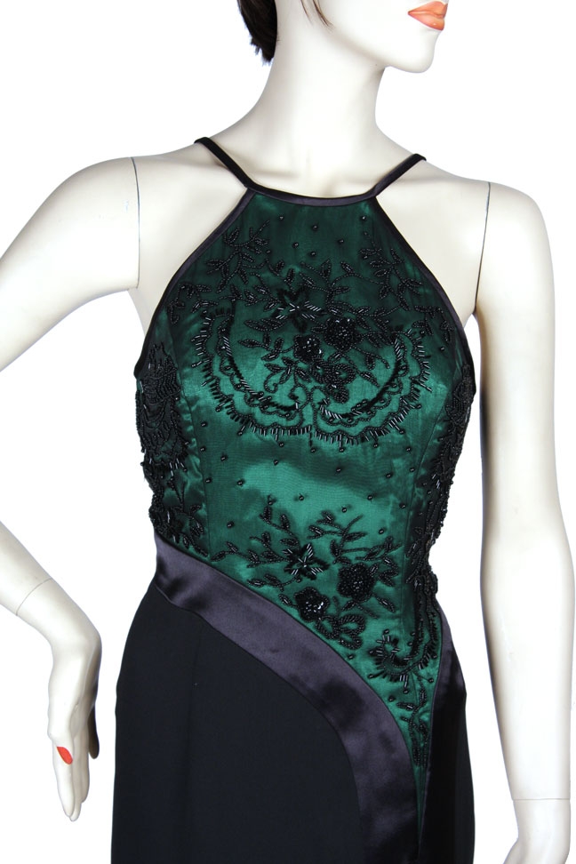 Satin Beaded Long  Formal Dress — in Close up