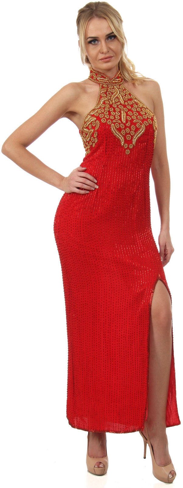 Halter Neck Floral Bust Long Formal Beaded Dress 