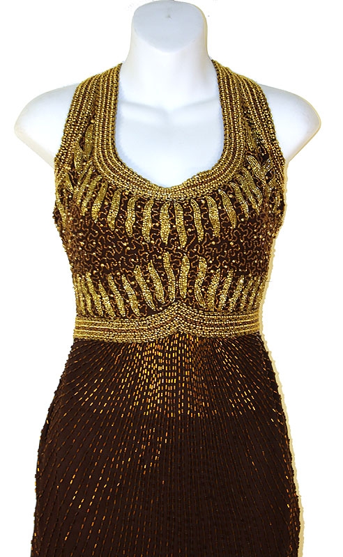 Elegant Back U-neck Beaded Formal Long Dress  — in closeup