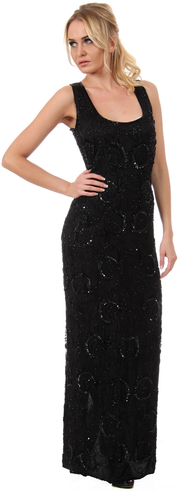 U-Neck Sleeveless Floral Beaded Long Formal Dress