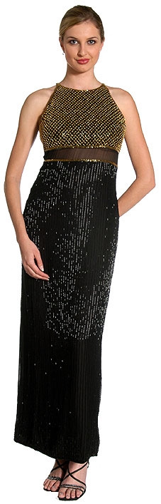 Sheer Waistline & Back Beaded Formal Evening Dress — in Black/Gold