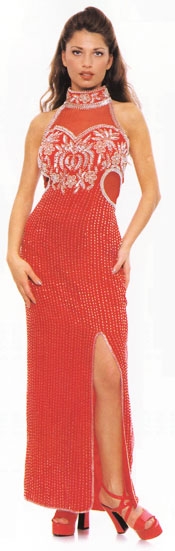 Halter Neck Sequined Formal Cocktail Dress  — in Red/Silver color