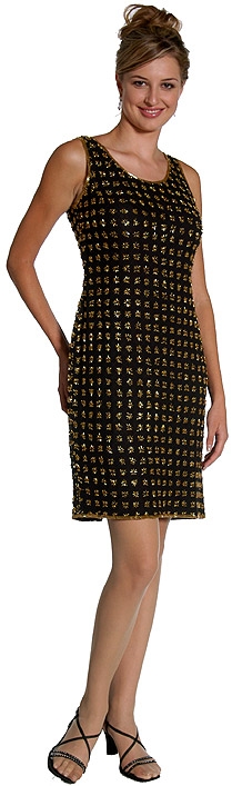 Sleeveless Short Handbeaded Formal Evening Dress — in Black/Gold