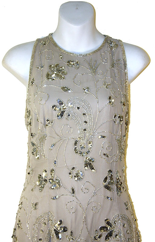 Floral Bead Sleeveless Dress — in Gray/Silver closeup