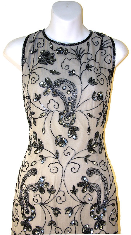 Floral Bead Sleeveless Dress — in Gray/Black closeup